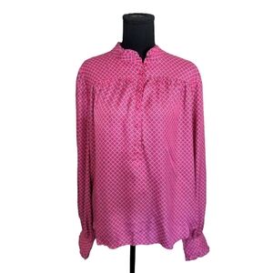 Vineyard Vines Womens XL Pink Silk Blouse Ruffle Neck Geometric Preppy Career